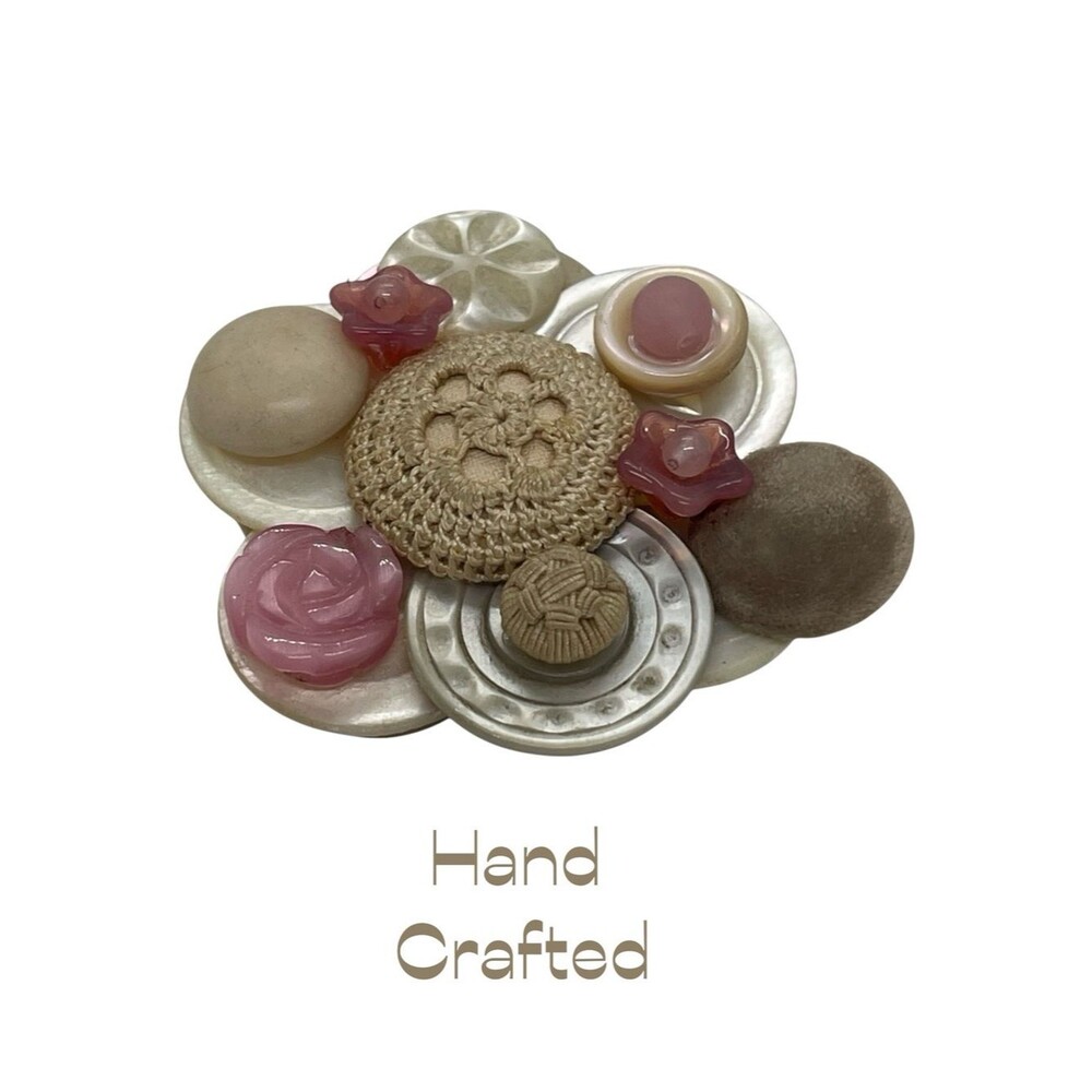 Hand Crafted Antique Tan Cream Pink Buttons Glass Reimagined Brooch NWT